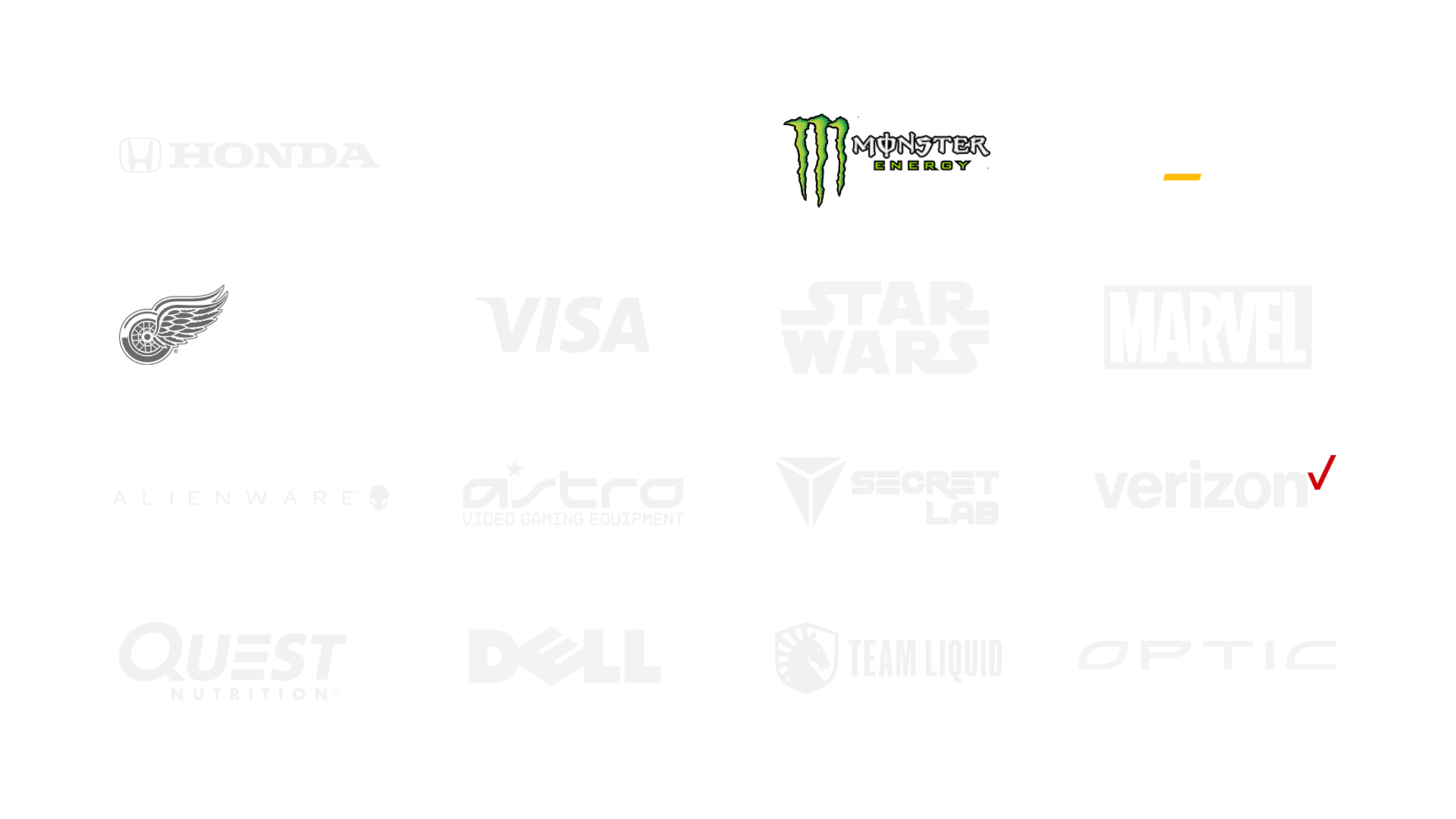 Logos of brands Erstellen Creative has worked with, including Honda, ESPN, Monster Energy,  theScore, Detroit Red Wings, Visa, Star Wars, Marvel, Verizon, Dell, Team Liquid, Optic, and more - past client portfolio from Connecticut creative studio