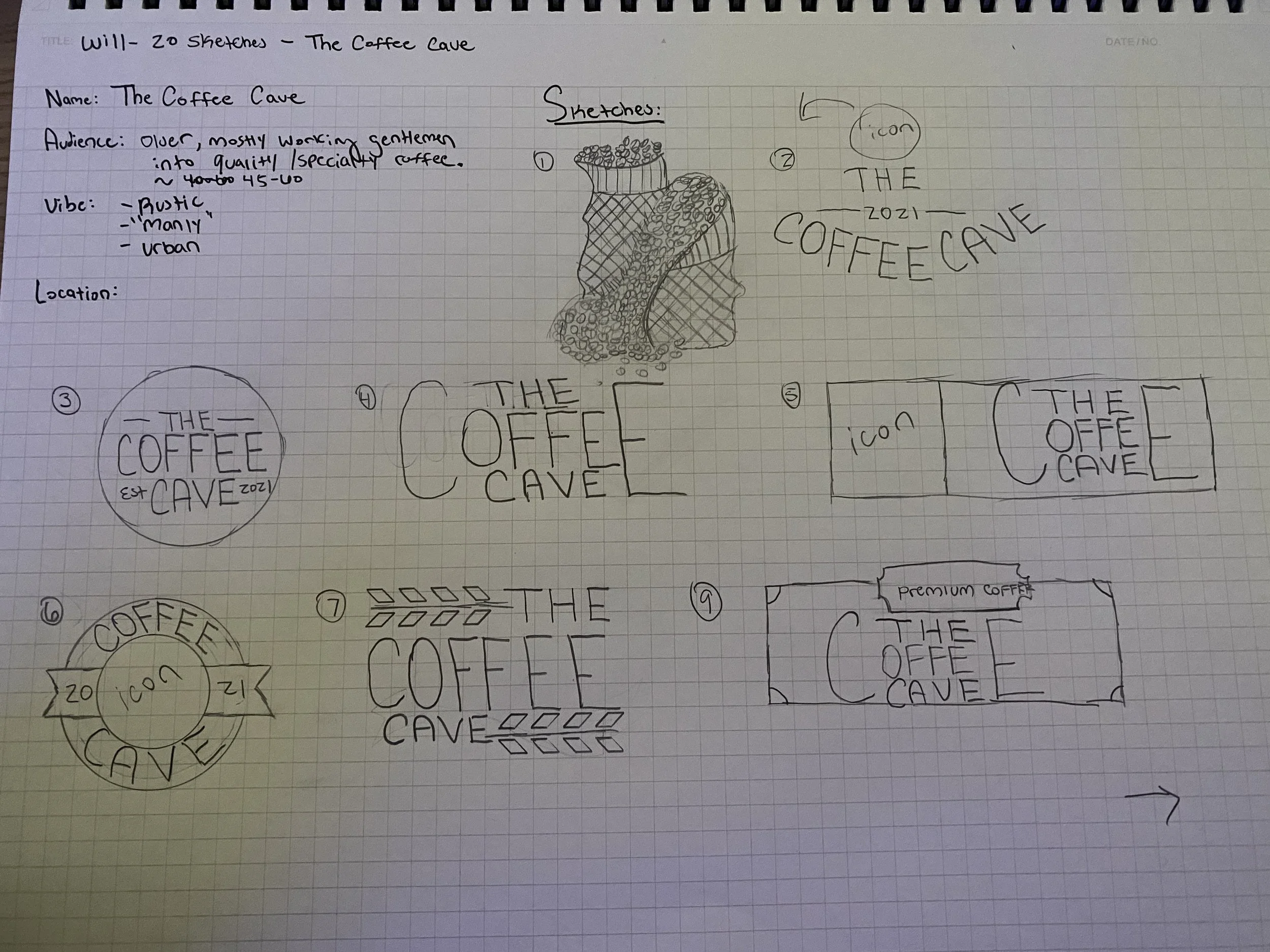 Coffee Break Logo Sketch showing various concepts