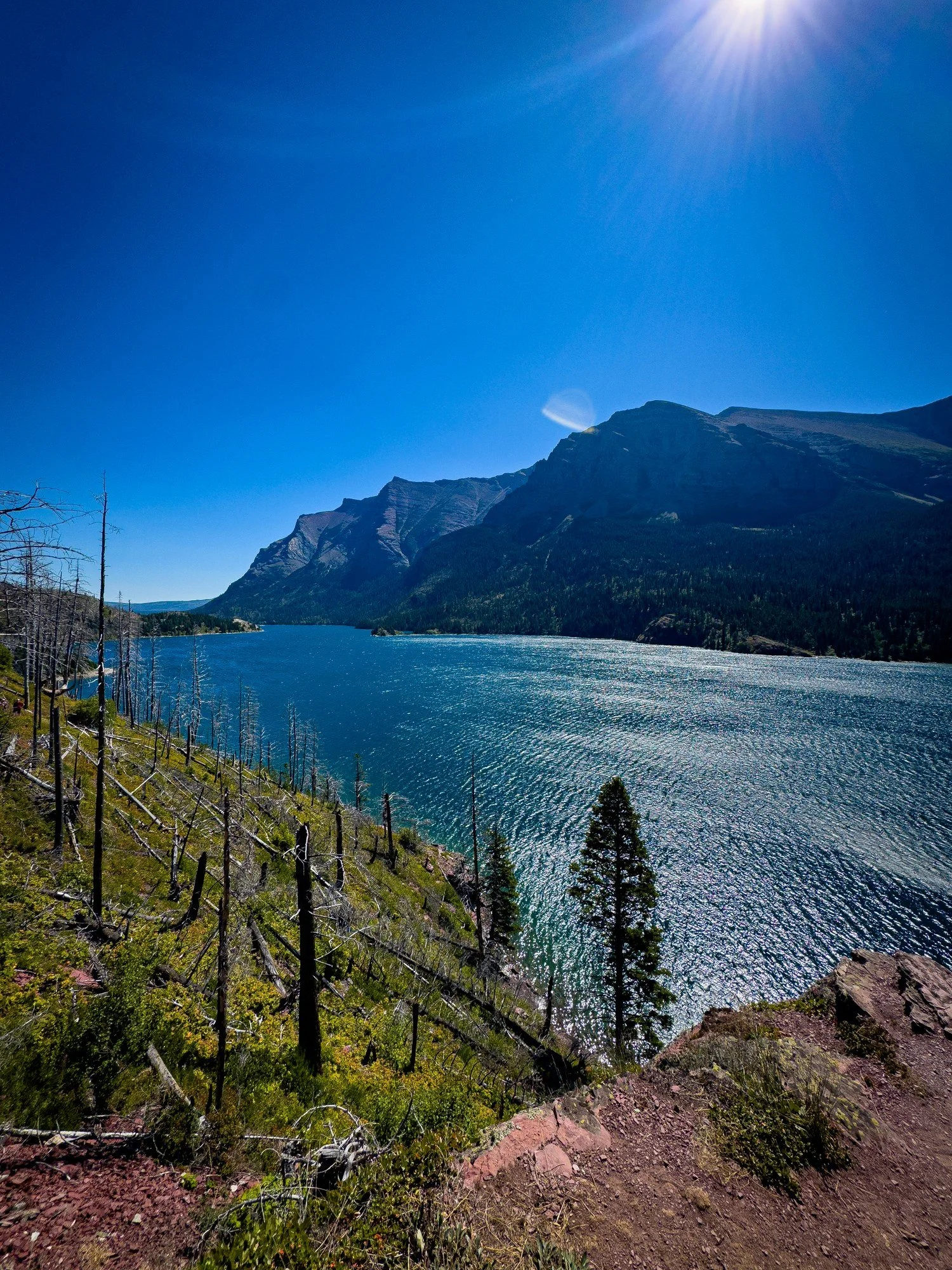 Sunlight over a blue mountain lake, with rocky shoreline, trees and distant peaks.