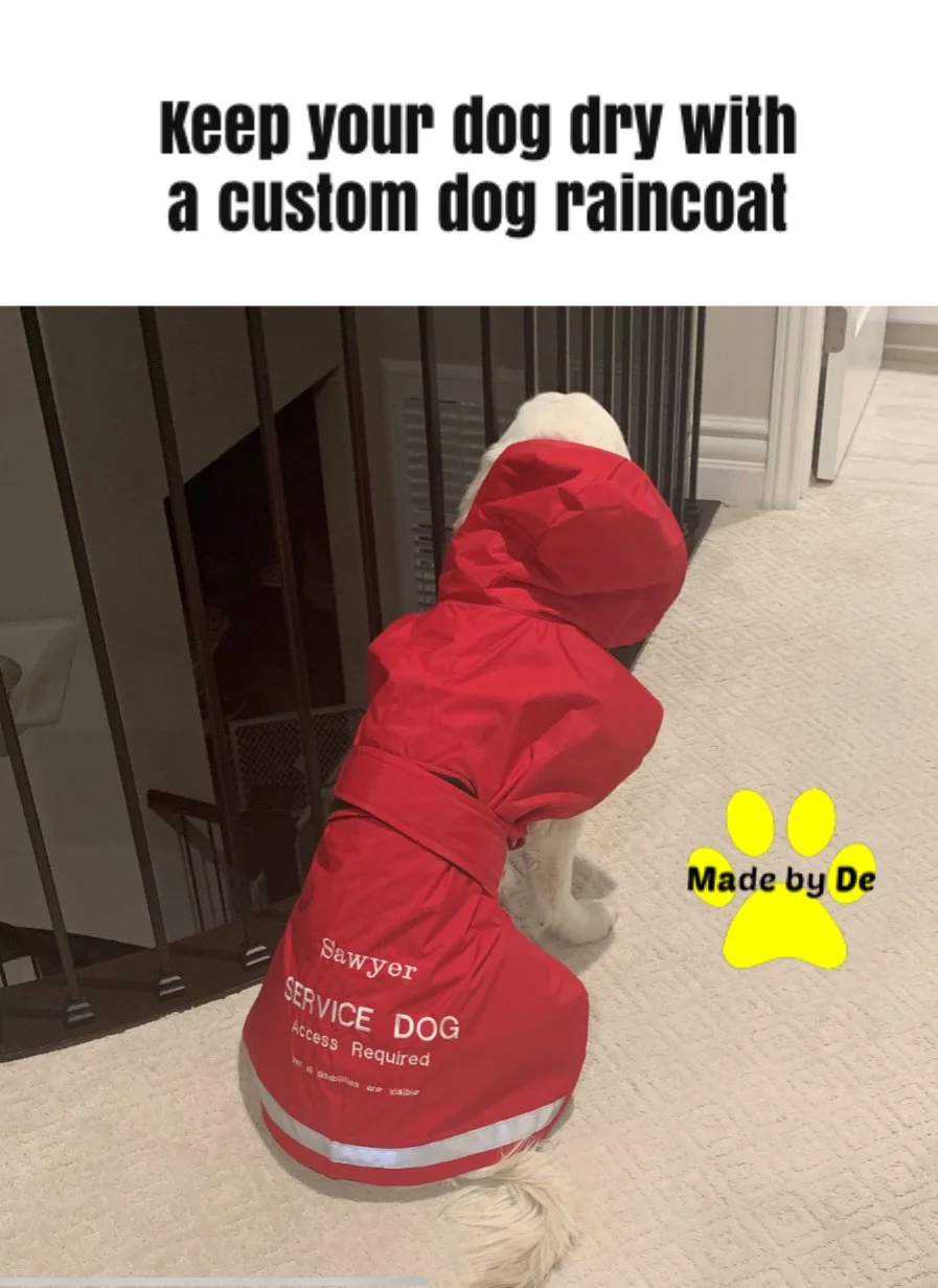 Large dog wearing a red raincoat with hood