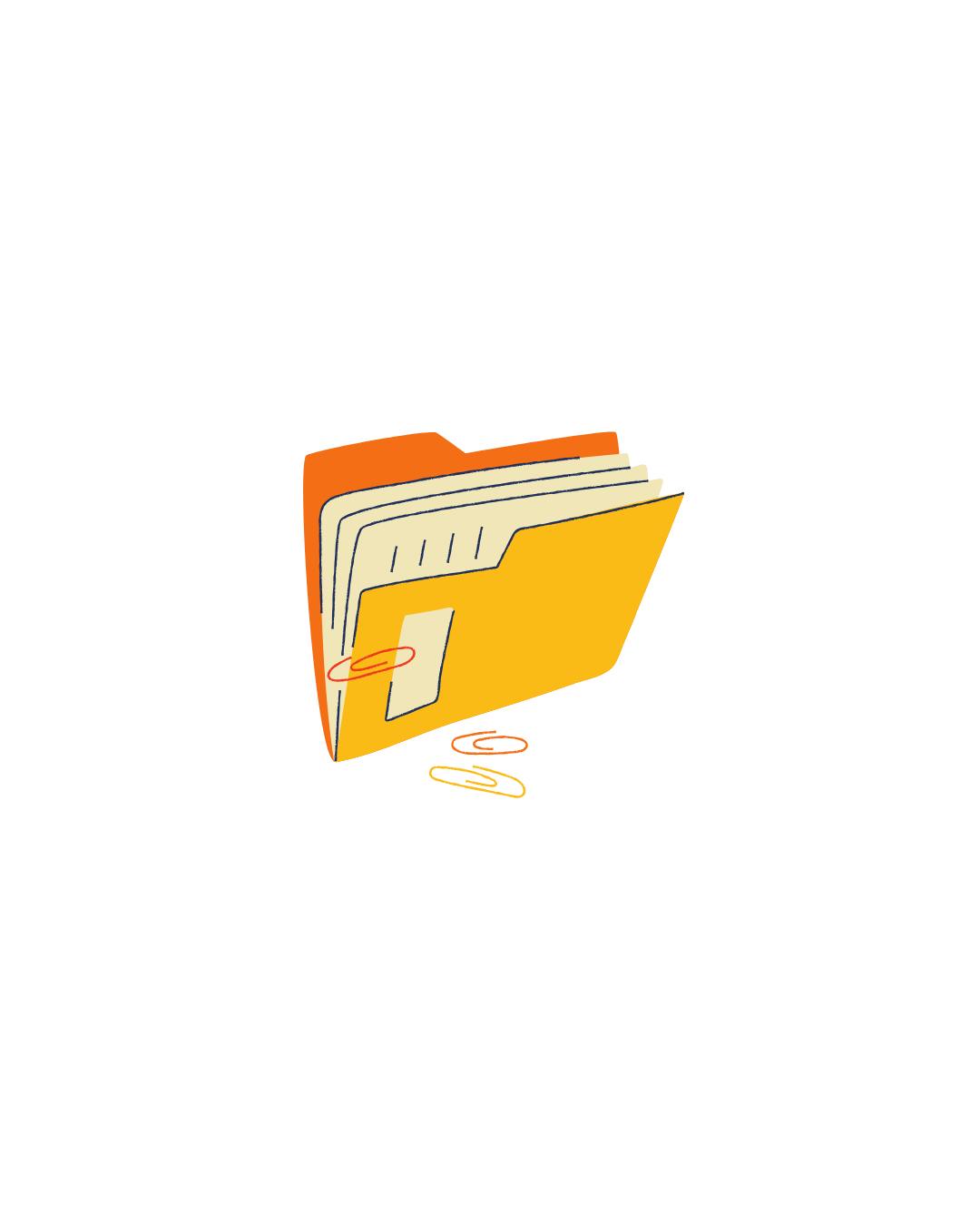 Illustration of a yellow folder with papers inside, some papers and paper clips spilled out around it on a black background.