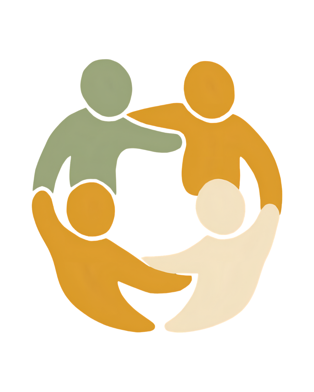 Four stylized human figures in different colors holding hands in a circle.