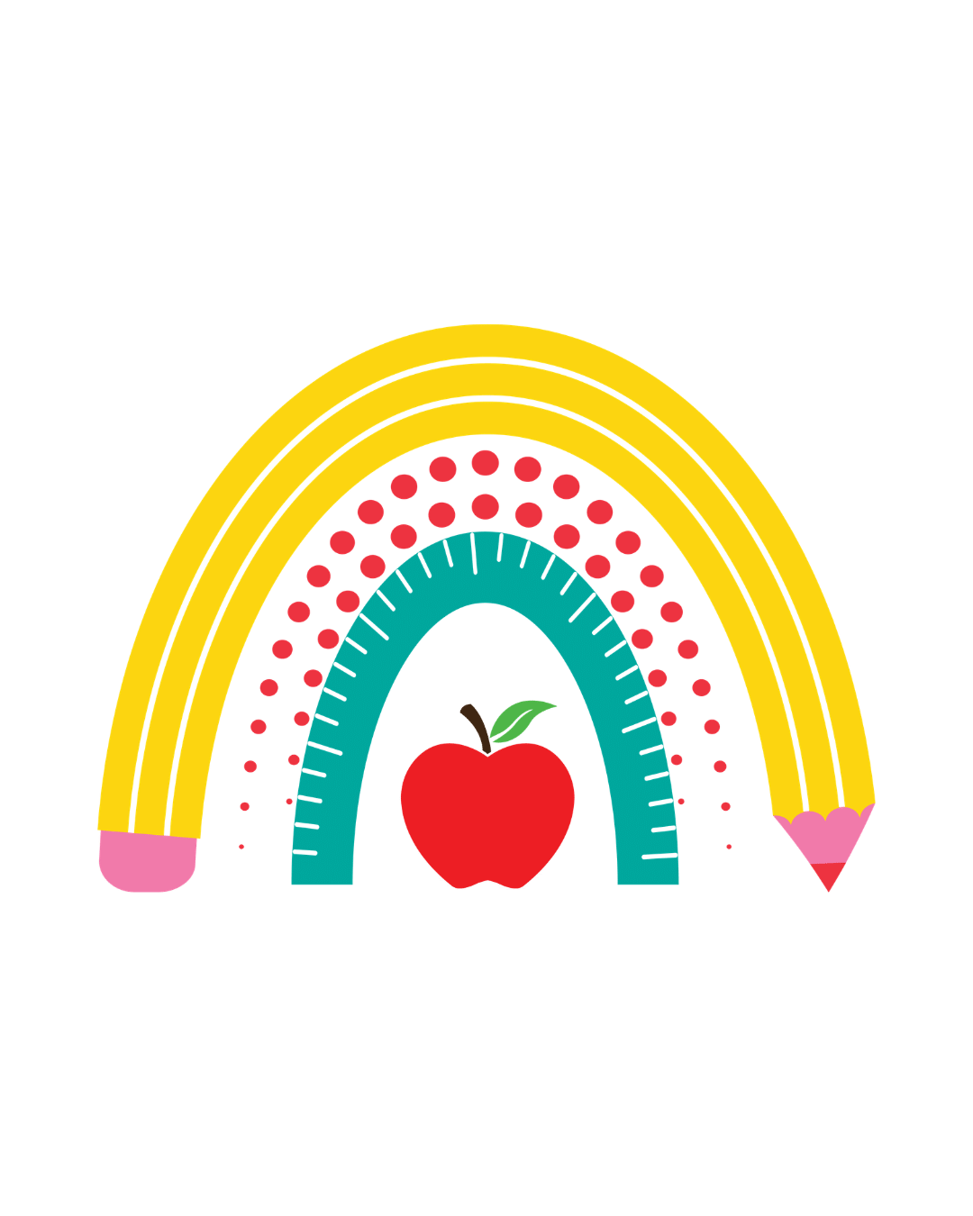 Colorful illustration of a rainbow with four arches and a red apple with a leaf underneath, on a black background.