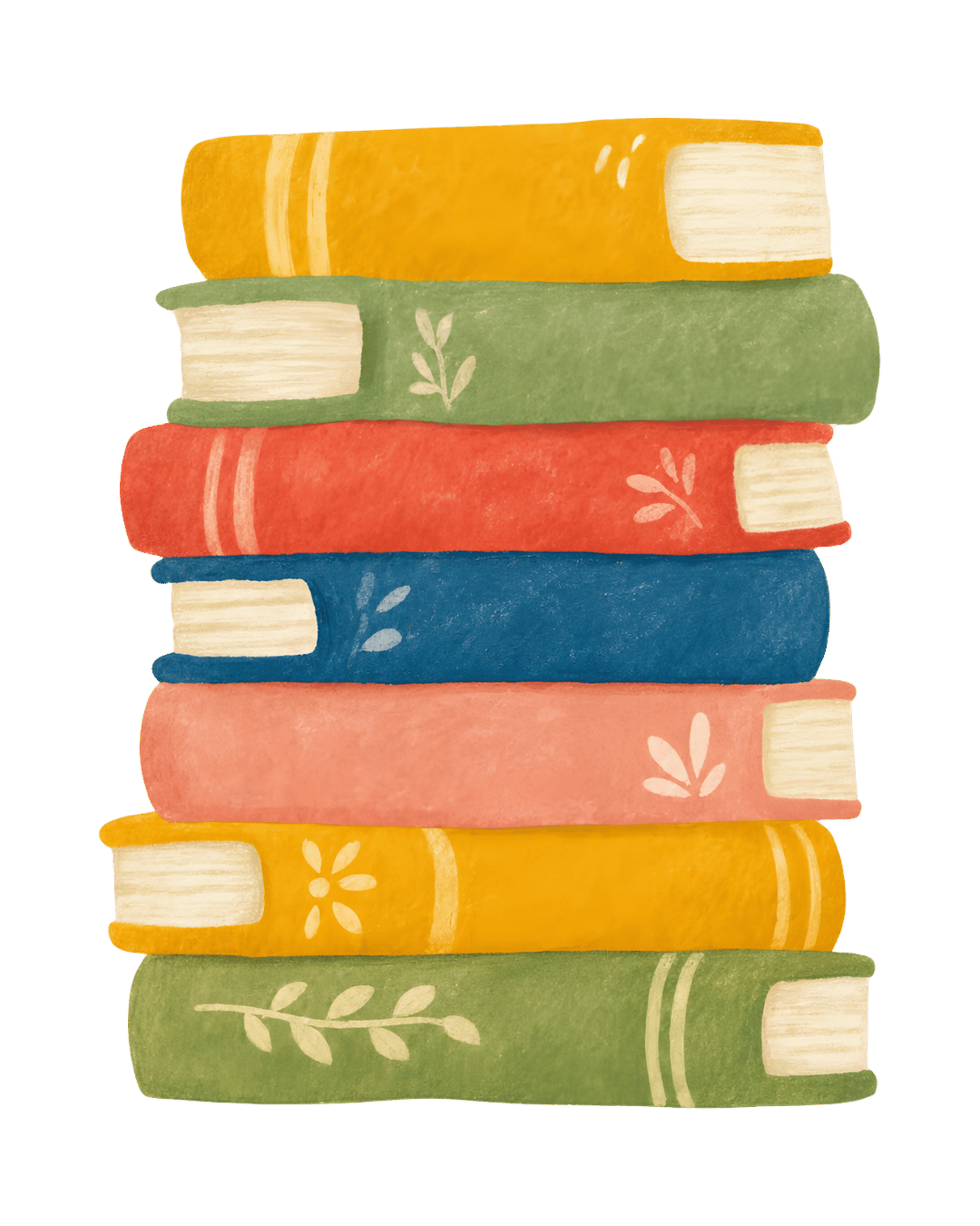 Stack of colorful books with decorative patterns, painted in pastel shades of yellow, green, red, blue, pink, and orange.
