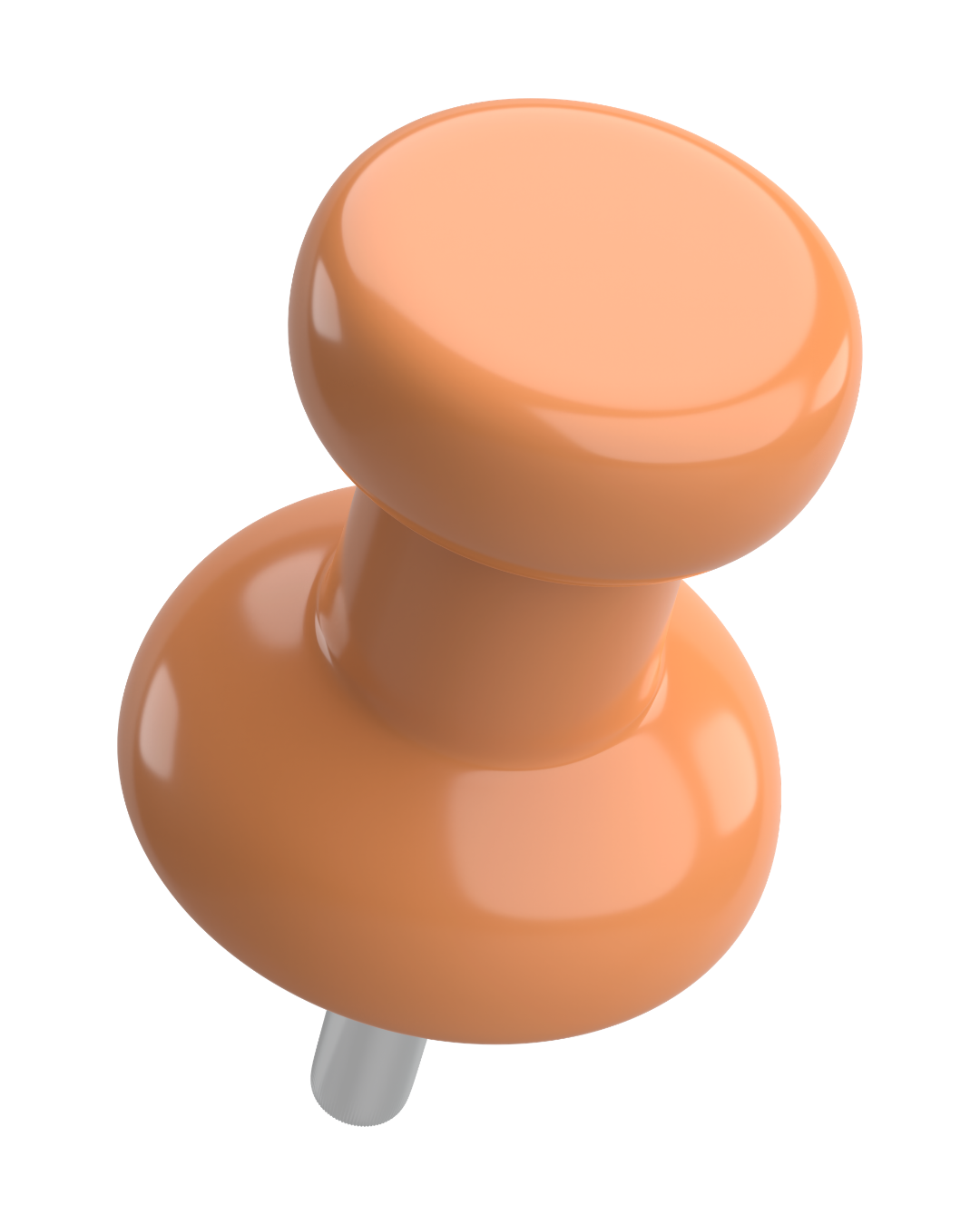 A peach-colored push pin thumbtack with a rounded head and cylindrical body, reflecting light.