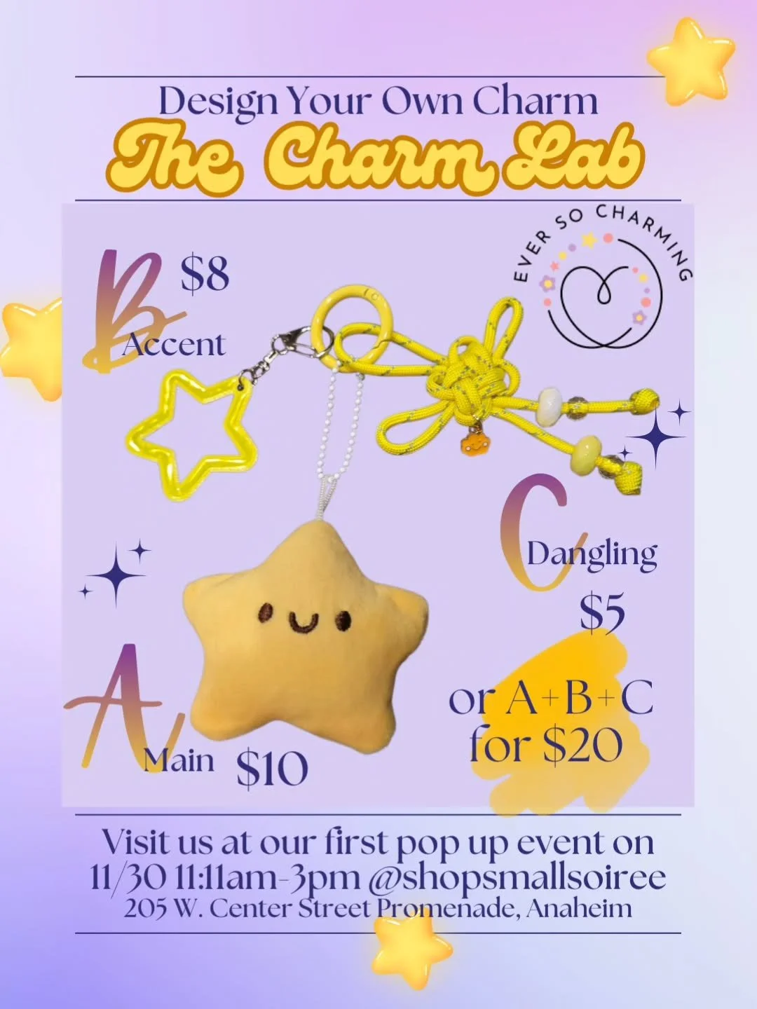 🌟Design Your Own Charm 
​Get ready to unleash your creativity! ✨ Ever So Charming's first pop-up event will have The Charm Lab!

​Design a charm that's uniquely YOU. Mix and match to create the perfect accessory for your keys, bag, or anything that 