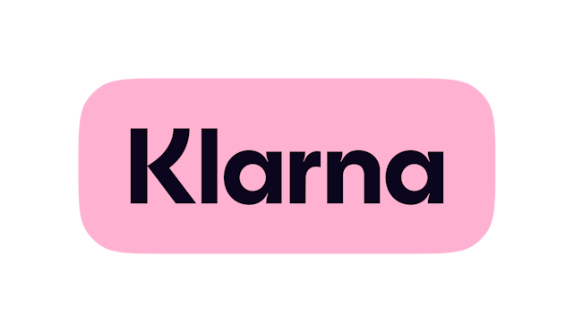 Klarna logo with black text on a pink rounded rectangle background.