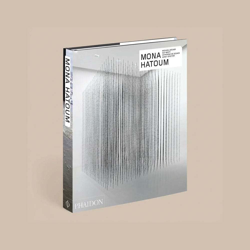 Front cover of a book titled 'Mona Hatoum' with a geometric art design, published by Phaidon.