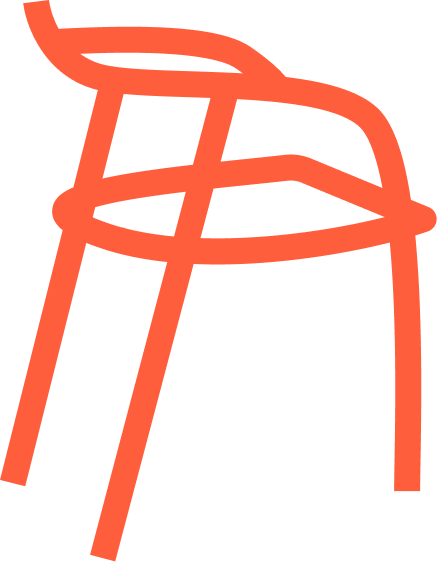 Line drawing of a red chair with a modern design and curved lines.