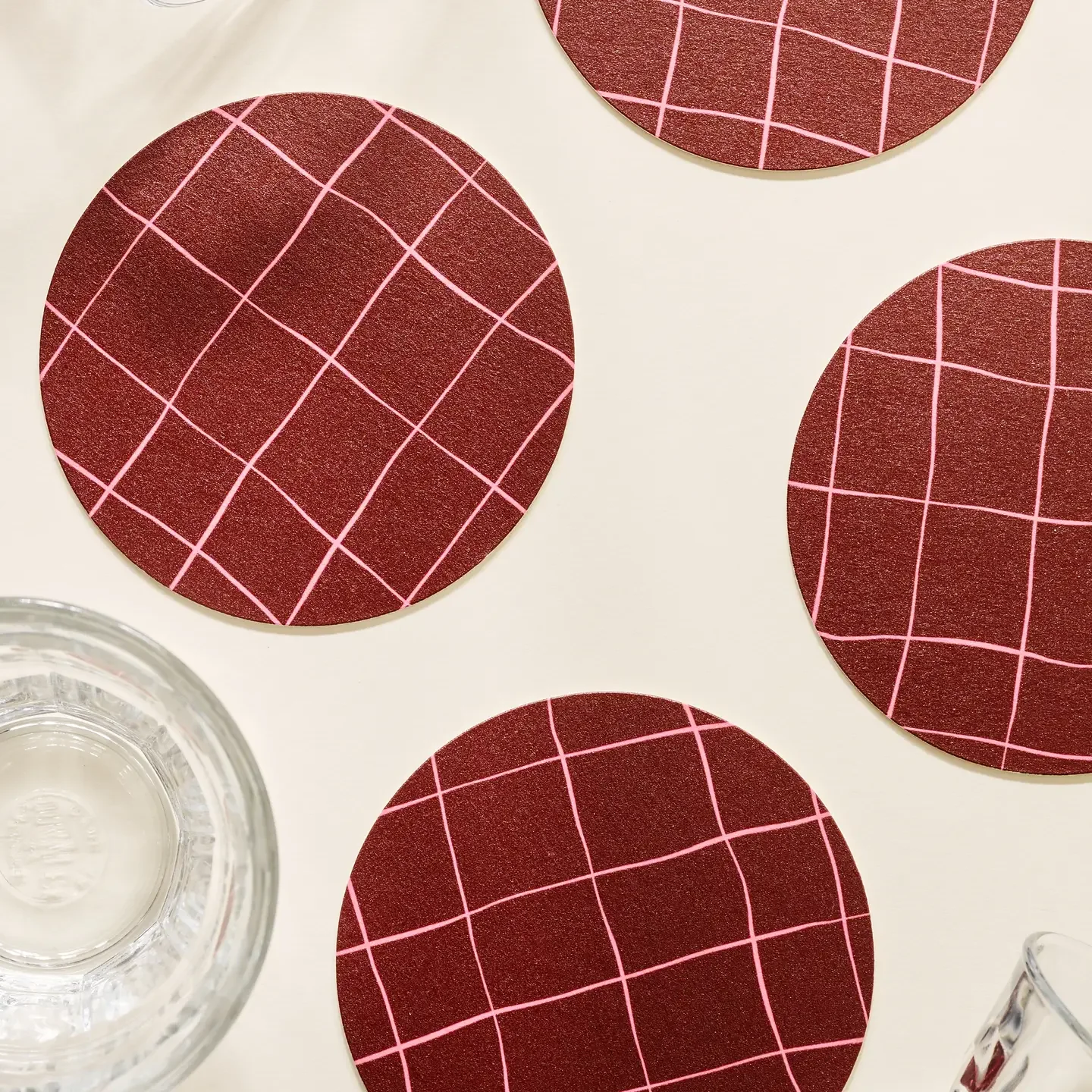 Pink and Burgundy Windowpane Plaid Coasters