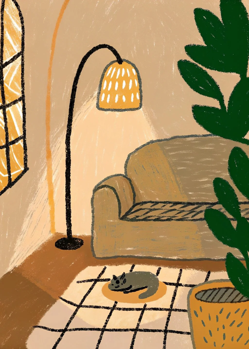 A cozy living room scene with a couch, a floor lamp casting light, a patterned rug, a gray cat sleeping on a round orange mat, a large green plant, and a window with a grid design.