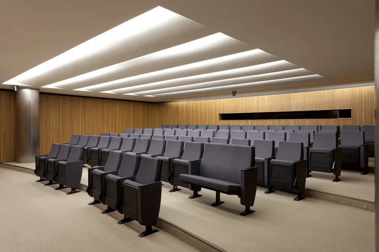 auditório:
Linhas luminosas realçam a forma das placas acústicas defletoras.
Ao fundo, iluminação difusa para a parede curva.