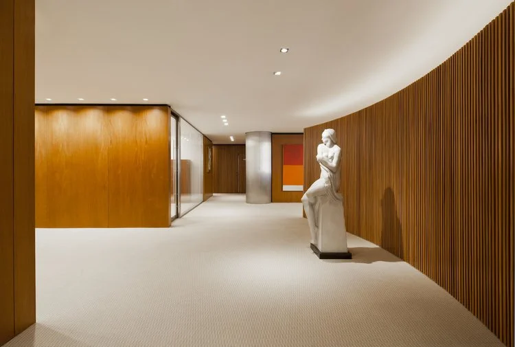 hall da sala da presidência:
Dois pontos focais iluminam a escultura (Brecheret).
Uma tênue iluminação indireta demarca a curvatura da parede de fundo da escultura.