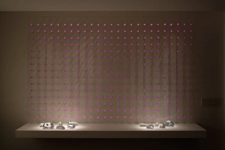 luz ou cor?
De início parecem apenas objetos pintados de uma cor opaca, espécie de batons arranjados sobre um painel vertical.
Nem parece que aquelas cores, um vermelho terroso, um azul cinzento, são, na verdade, luz. Apenas quando o ambiente se