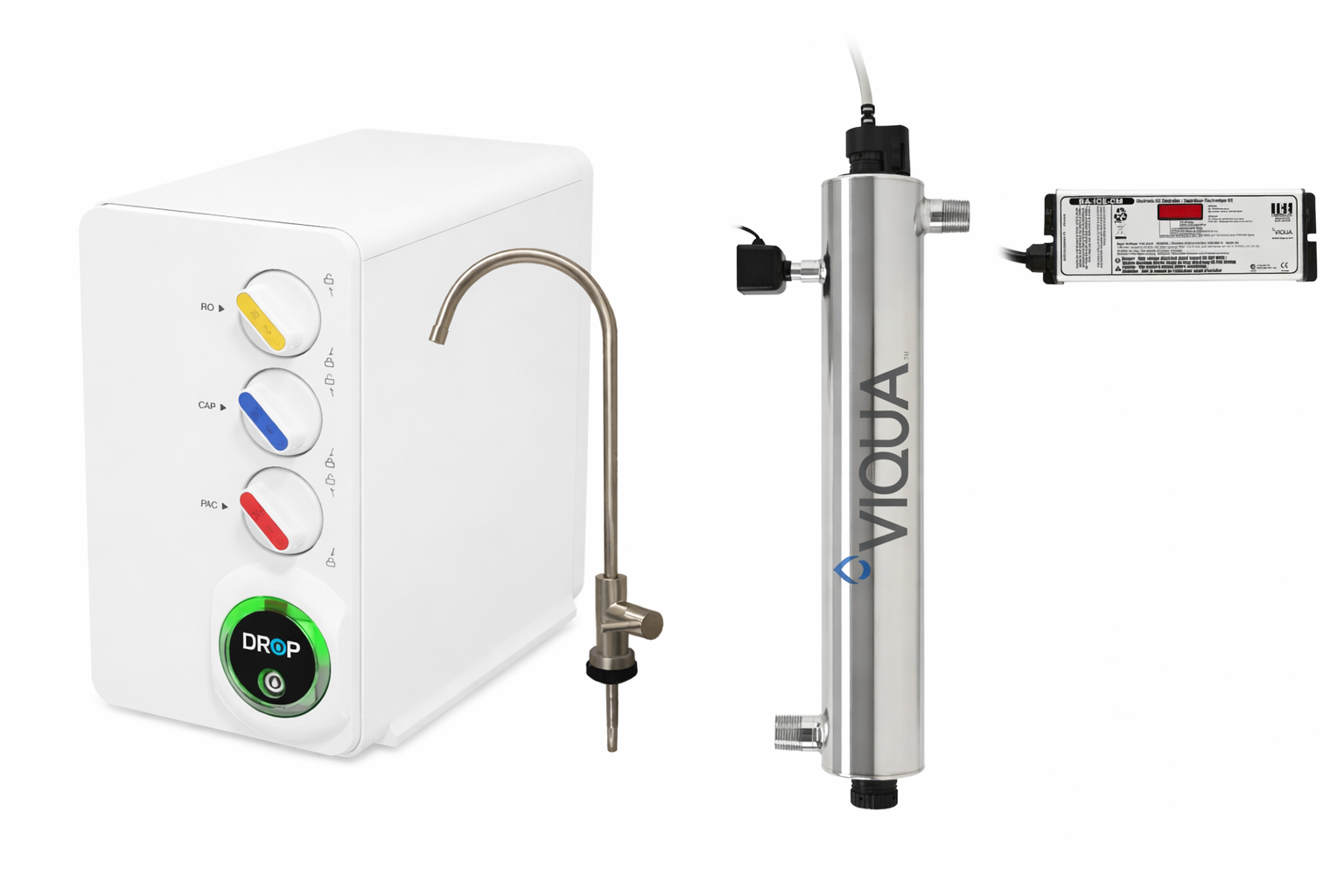 A laboratory water filtration system with a white control unit, a metal faucet, and a stainless steel filter labeled 'VIAQUA' with a connected black and silver pump and a power supply.