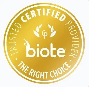 Gold circular badge with white text and emblem stating "Trusted Certified Provider" and "The Right Choice" with the brand name Biote and a laurel wreath above it.