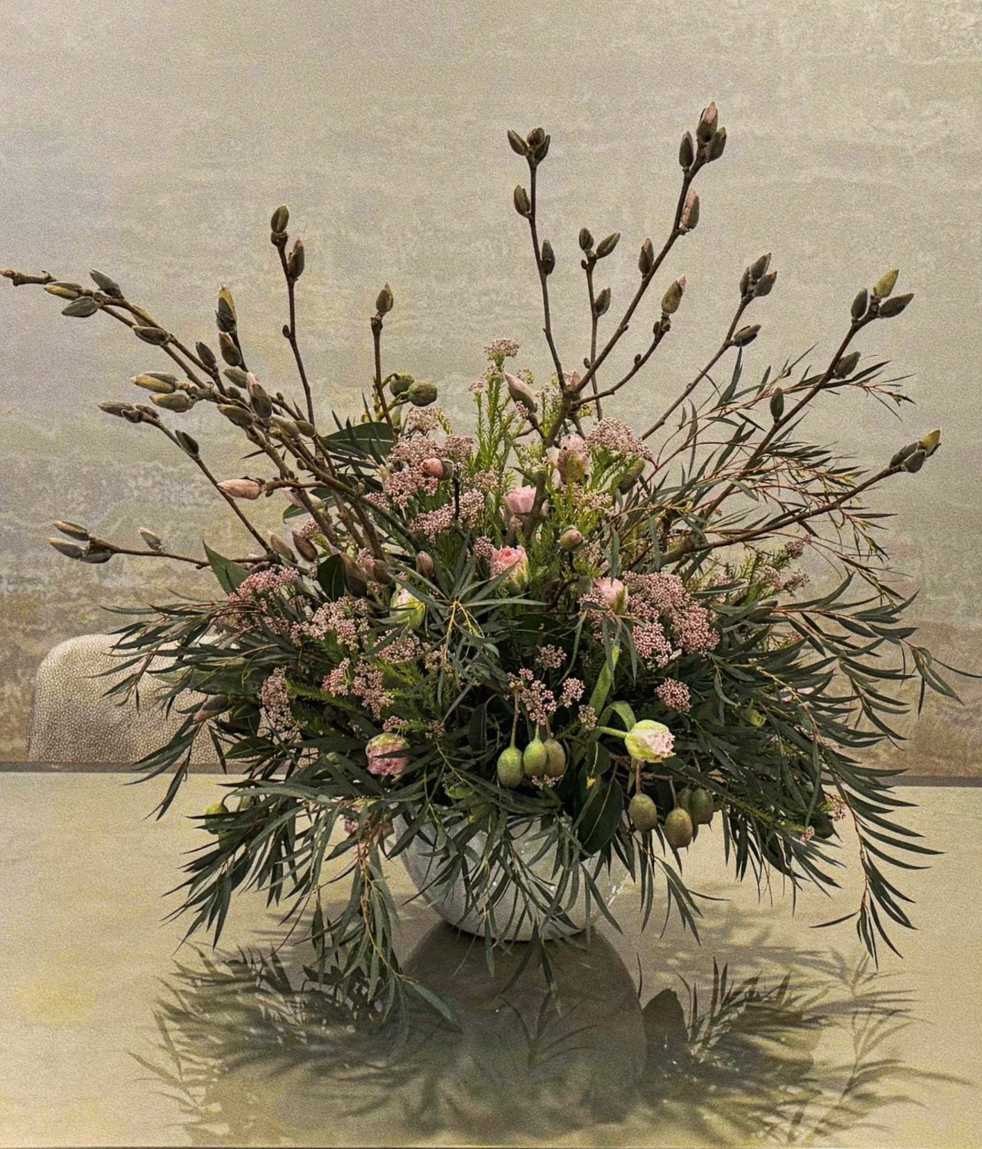 Weekly Arrangement Made of Magnolia, Tulips, Eucalyptus and Yarrow for Private Home, Upper West Side, NYC