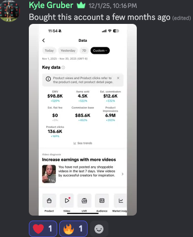Mobile phone screen showing an analytics app with key data including earnings, conversions, and product clicks, and an alert about increasing earnings with videos.