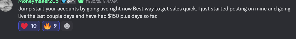 Screenshot of a messaging app with a message about starting online sales, featuring reactions including a heart, flame, and a grey sad face.
