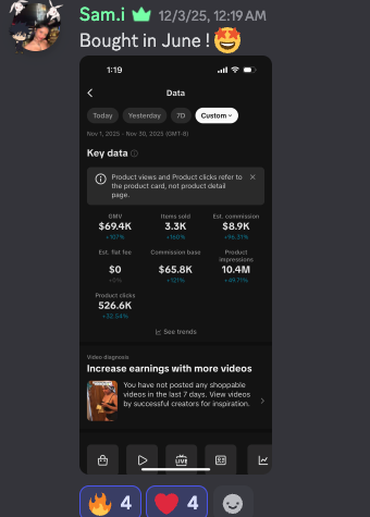 Screenshot of a mobile app displaying earnings data from November 1 to November 20, 2023, showing key metrics like gross merchandise value of $694K, expenses of $8.9K, and product impressions of 10.4 million, with a note on increasing earnings with videos.