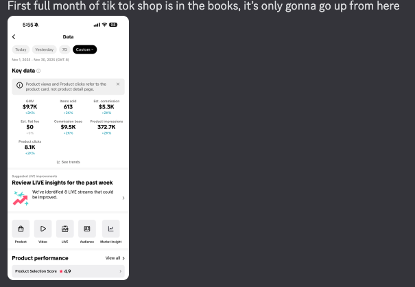 Screenshot of a mobile app displaying TikTok shop analytics, including key data on product views, clicks, conversions, and revenue, with sections for reviews, live insights, and product performance.