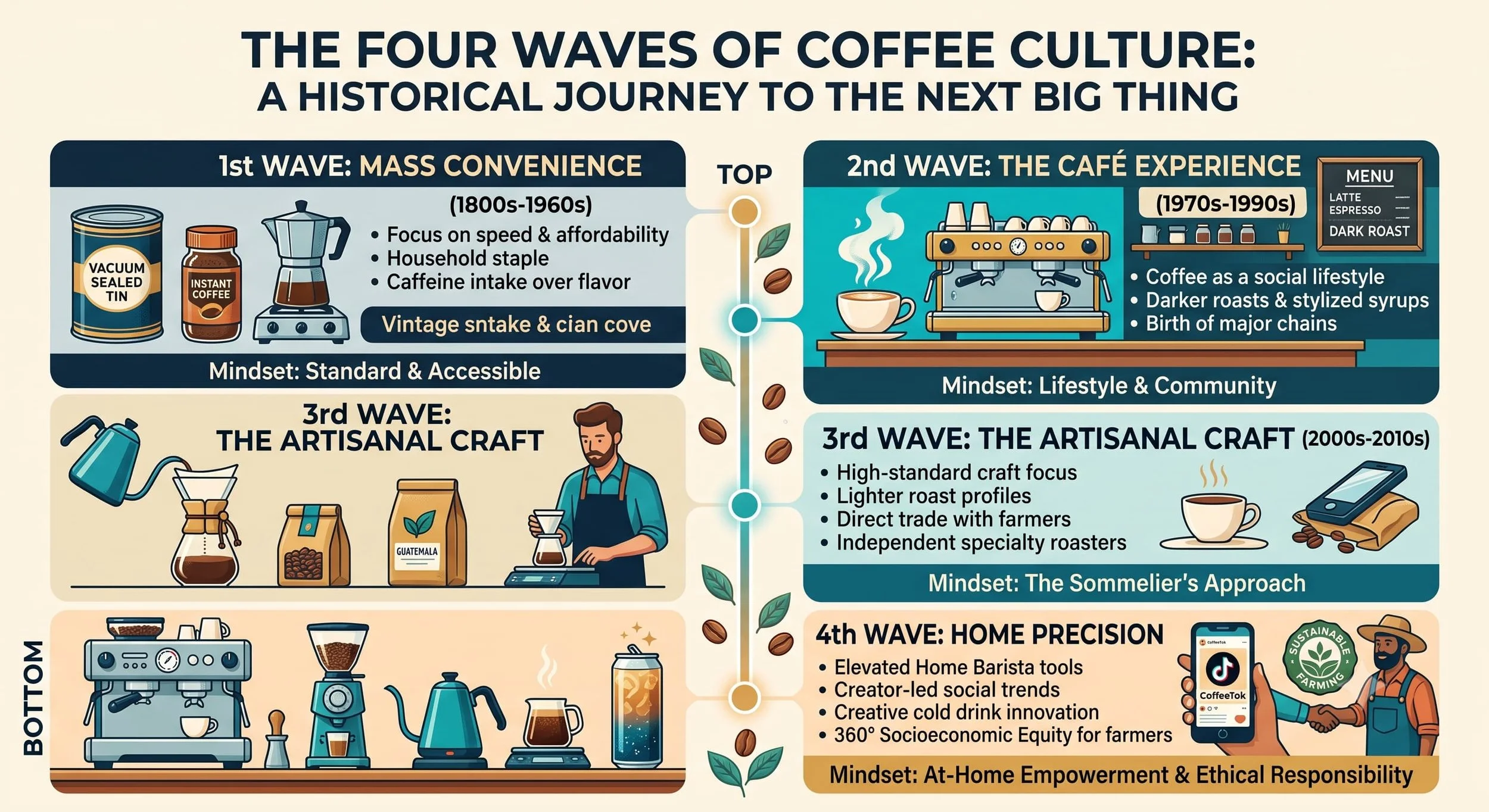 Infographic illustrating the four waves of coffee culture, from mass convenience to at-home precision and radical equity.