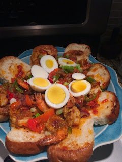 Sauteed Hot Sweet and Spicy Shrimps on Pan Fried Bread