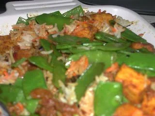 Snow Peas Pilaff with Fried Paneer (rice dish)