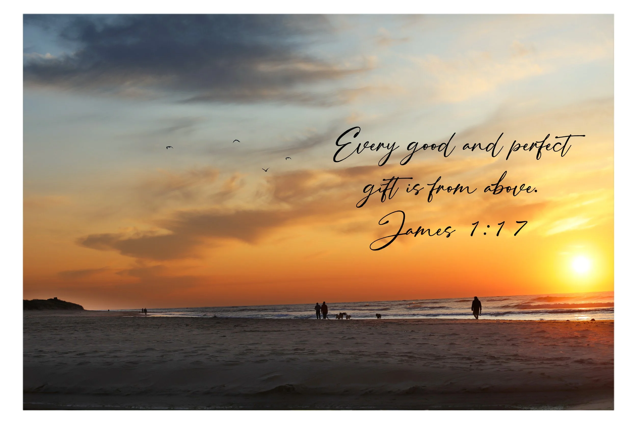 Inspirational beach wall art displaying a vibrant orange and pink sunrise over a calm ocean. Features the uplifting religious quote "Every good and perfect gift is from above" elegantly scripted in the center.