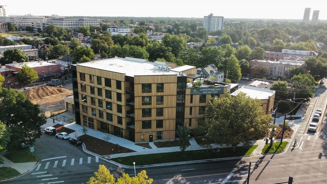 Drone view of an infill multifamily condo project in Denver Colorado constructed with roof and floor trusses