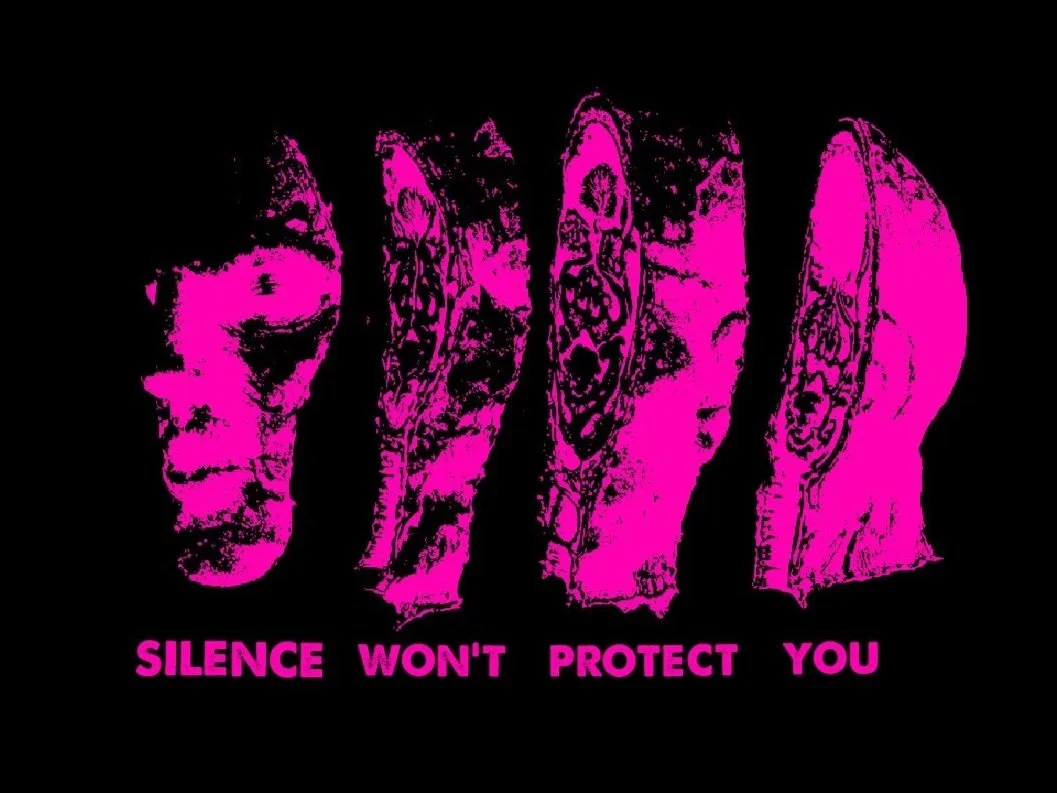 Four pink silhouettes of human ears with irregular patterns on a black background, with the text 'SILENCE WON'T PROTECT YOU' beneath them.