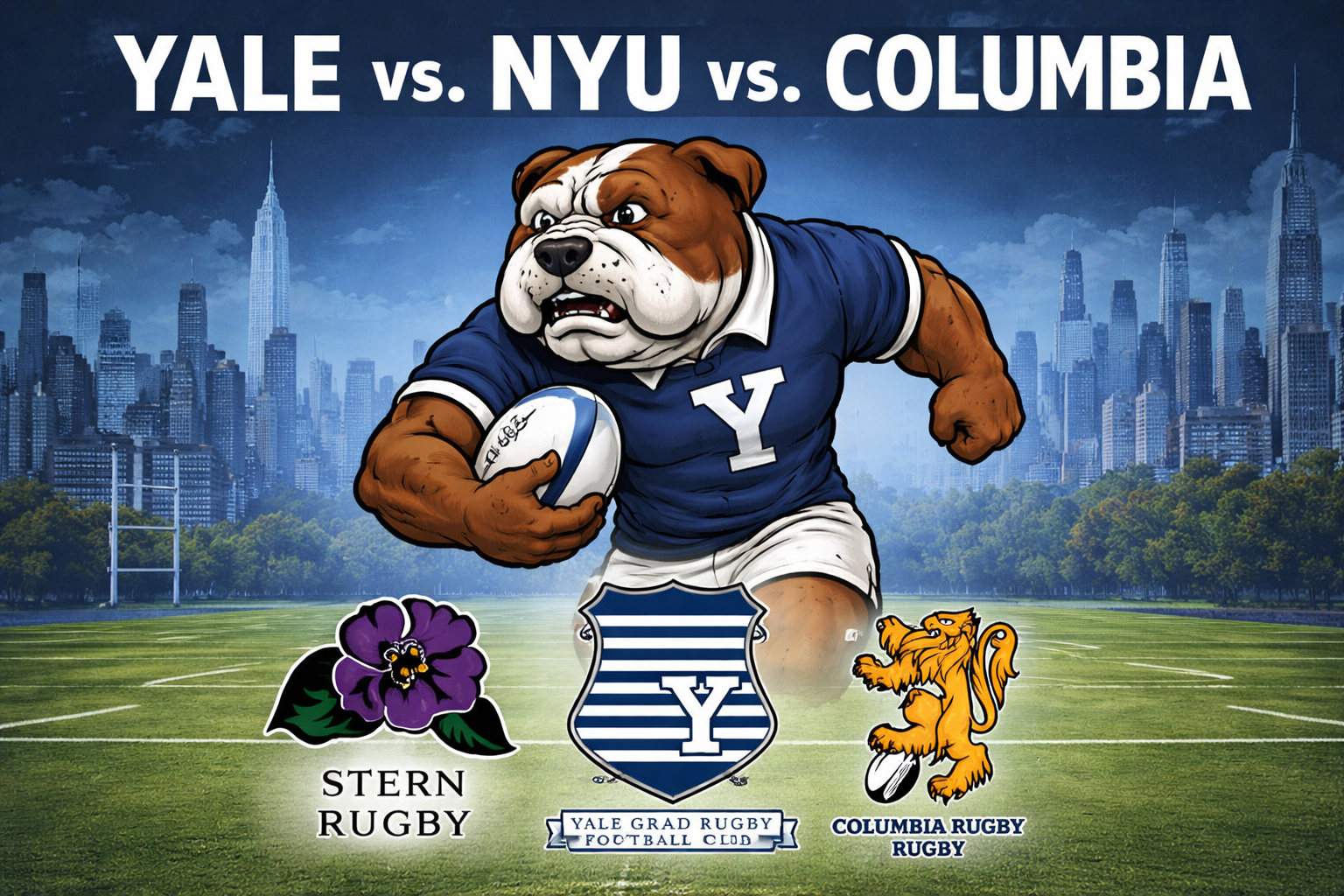 A cartoon bulldog mascot wearing a Yale rugby jersey holding a rugby ball, with a city skyline and rugby field in the background. Logos of Stern Rugby, Yale Grad Rugby Football Club, and Columbia Rugby Rugby are at the bottom.