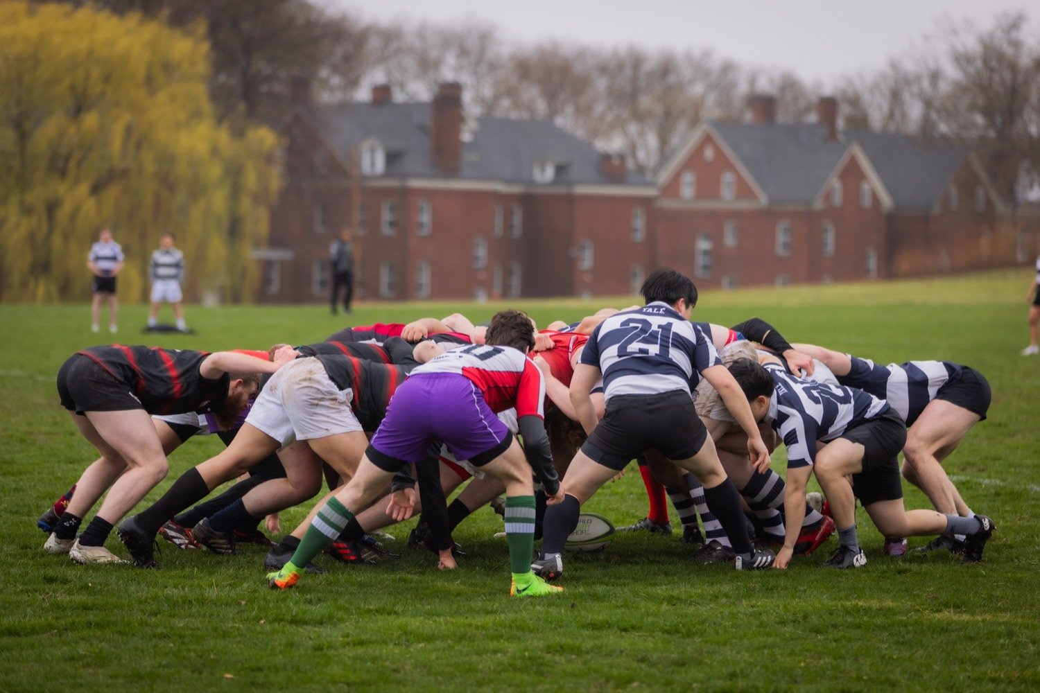 Rugby players engaged in a scrum on a grassy field with a brick building in the background.