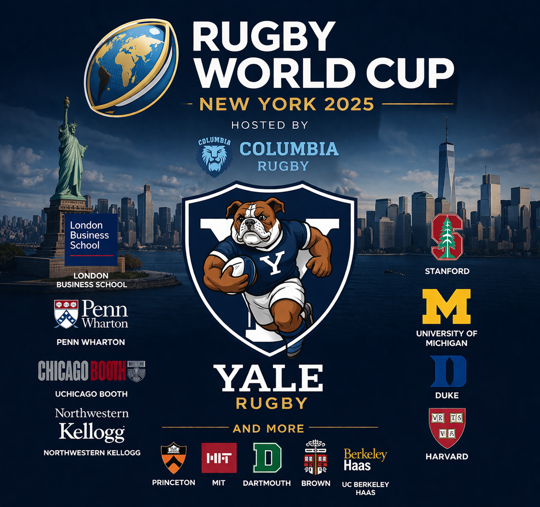 Poster for the Rugby World Cup 2025 in New York, hosted by Columbia Rugby at Yale Rugby. Features a bulldog mascot running with a rugby ball, Statue of Liberty, New York City skyline, and logos of participating universities including Stanford, University of Michigan, Duke, Harvard, Princeton, MIT, Dartmouth, Brown, and UC Berkeley Haas School of Business.