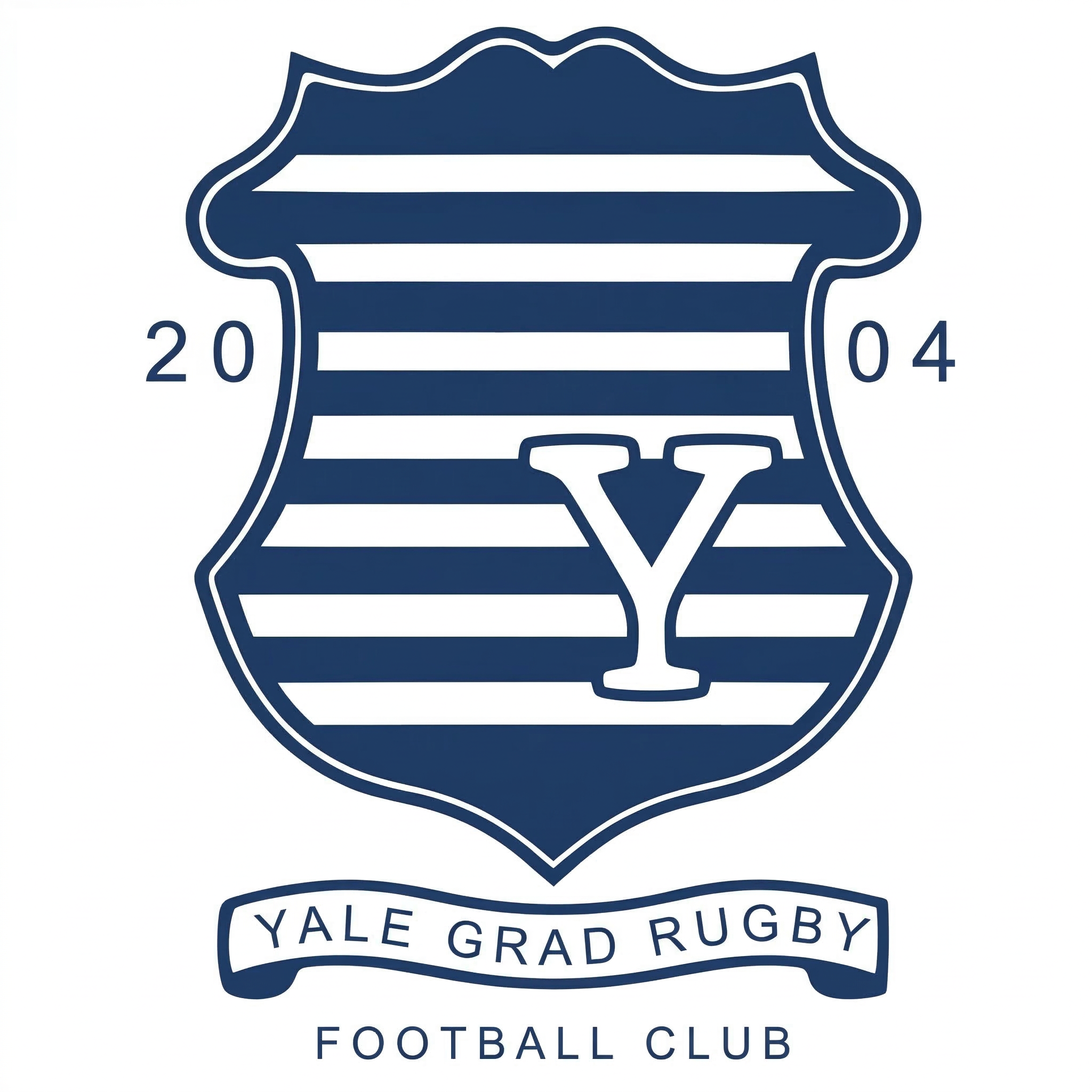 Yale Graduate Rugby Football Club logo featuring a shield with blue and white horizontal stripes, a large letter 'Y' in the center, and the text 'Yale Grad Rugby' below with 'Football Club' underneath.