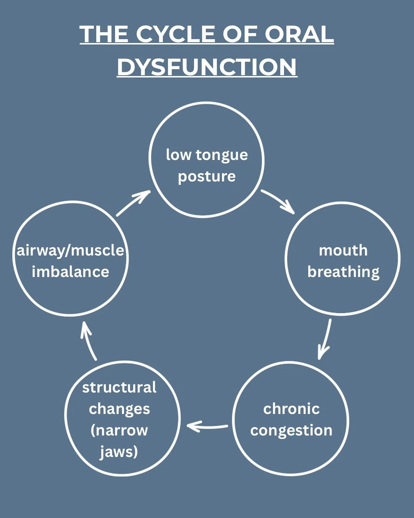 The continuous cycle of oral dysfunction can be hard to break!

&bull;If we have low tongue posture, it will cause us to breathe through our mouths &mdash;&gt;
&bull;When we aren&rsquo;t using our nose to breathe, it can cause inflammation and chroni