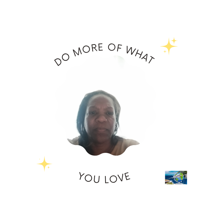 A woman with medium skin tone and dark hair, looking at the camera, with a white background and decorative yellow sparkles shares an inspirational text, 'Do more of what you love'. The logo embrace world travel.