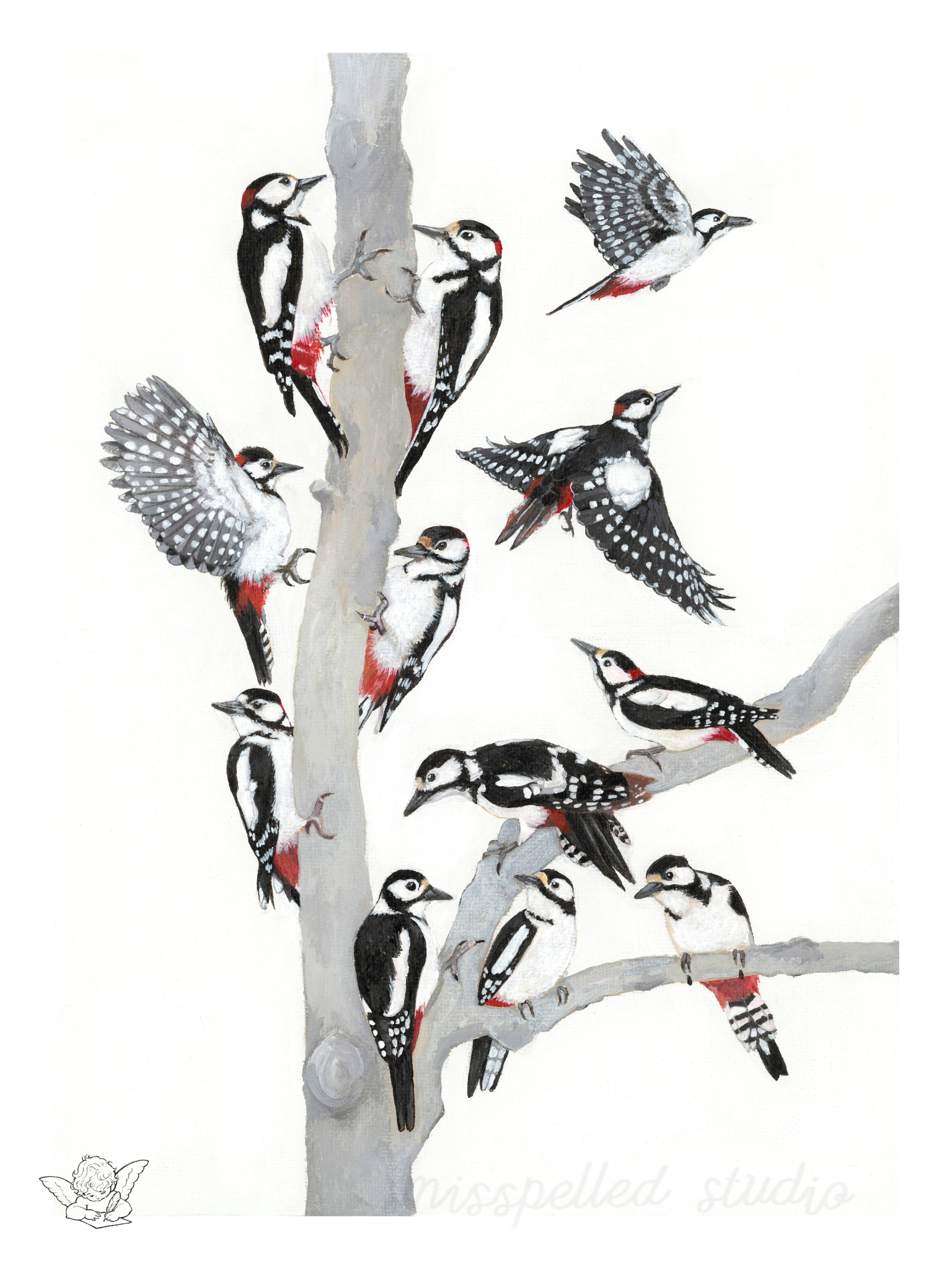 Twelve Drummers Drumming: Great Spotted Woodpecker, 2024
Acrylic on canvas