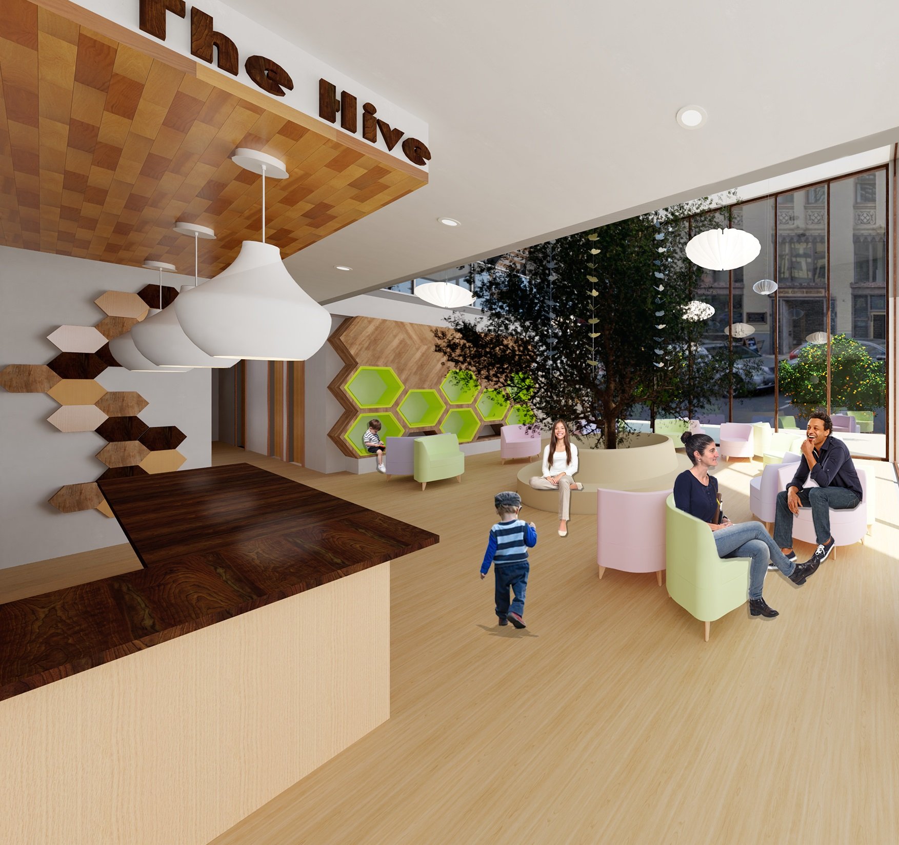 Lobby with custom beehive seating
