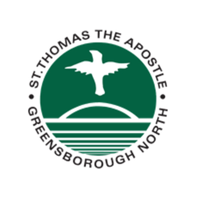 Circular logo featuring a flying bird above horizontal lines, with the text 'St. Thomas the Apostle Greeningborough North' around the circle.
