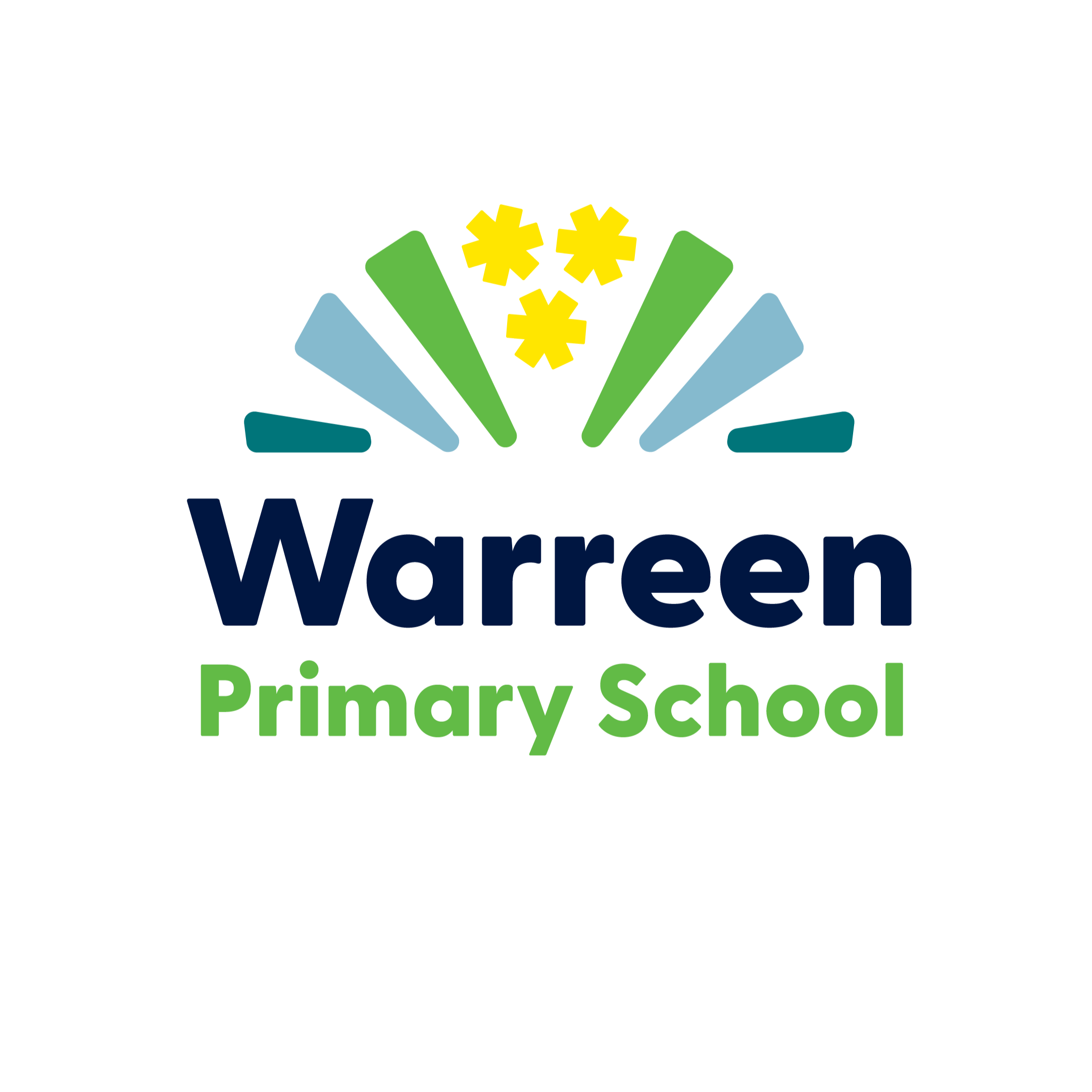 Warren Primary School logo with stylized book spines and yellow flowers above the school name in blue and green text.