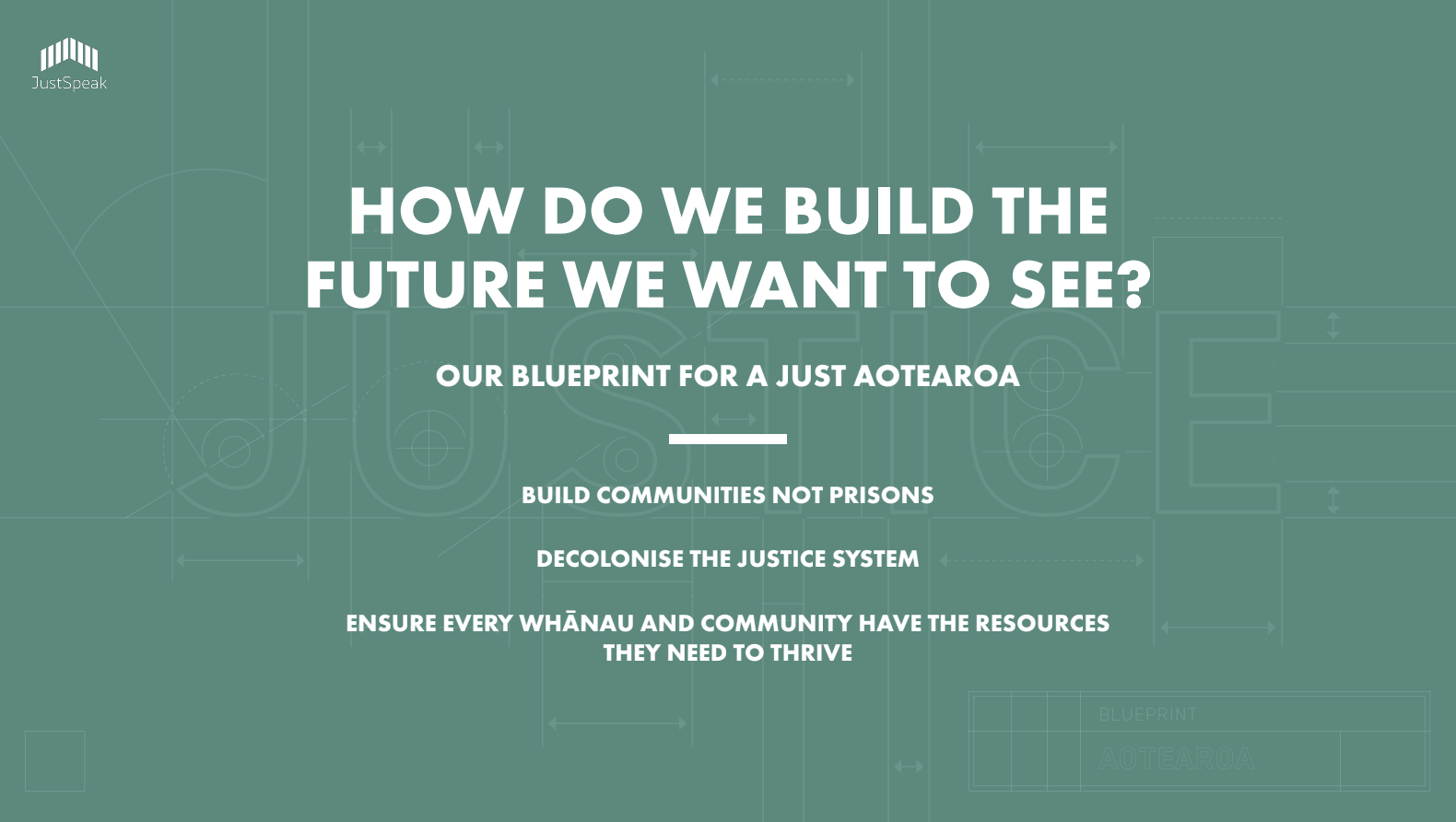 September 2020.
Author: JustSpeak.
Our Blueprint for a Just Aotearoa lays out funding, policy and legislative actions in three key areas; build communities not prisons, decolonise the justice system, and ensure every whānau and community have the re