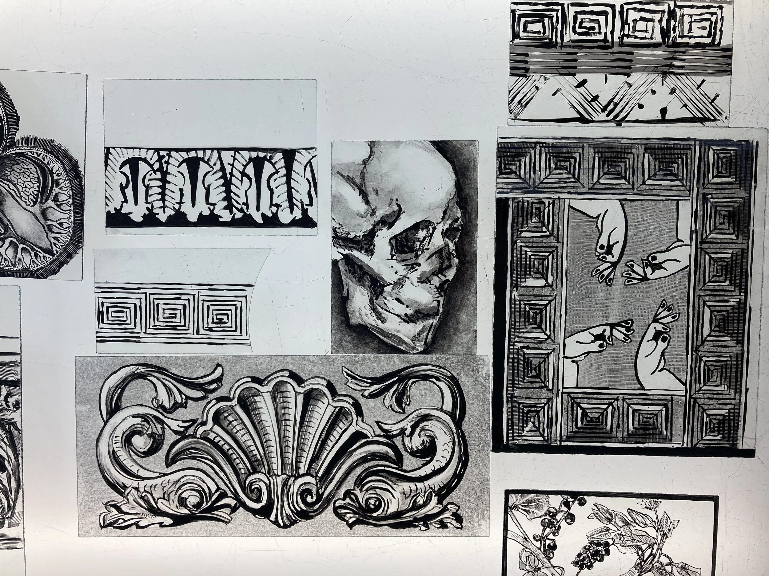 A collage of black and white vitreous paint stained glass sketches including a human skull, hands, ornate decorative shapes, and a botanical illustration of berries and leaves.