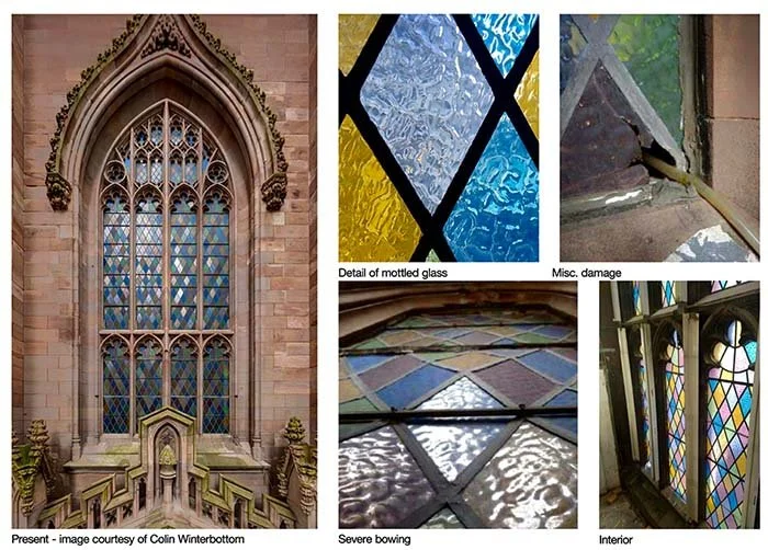 photo collage of a historic window being repaired