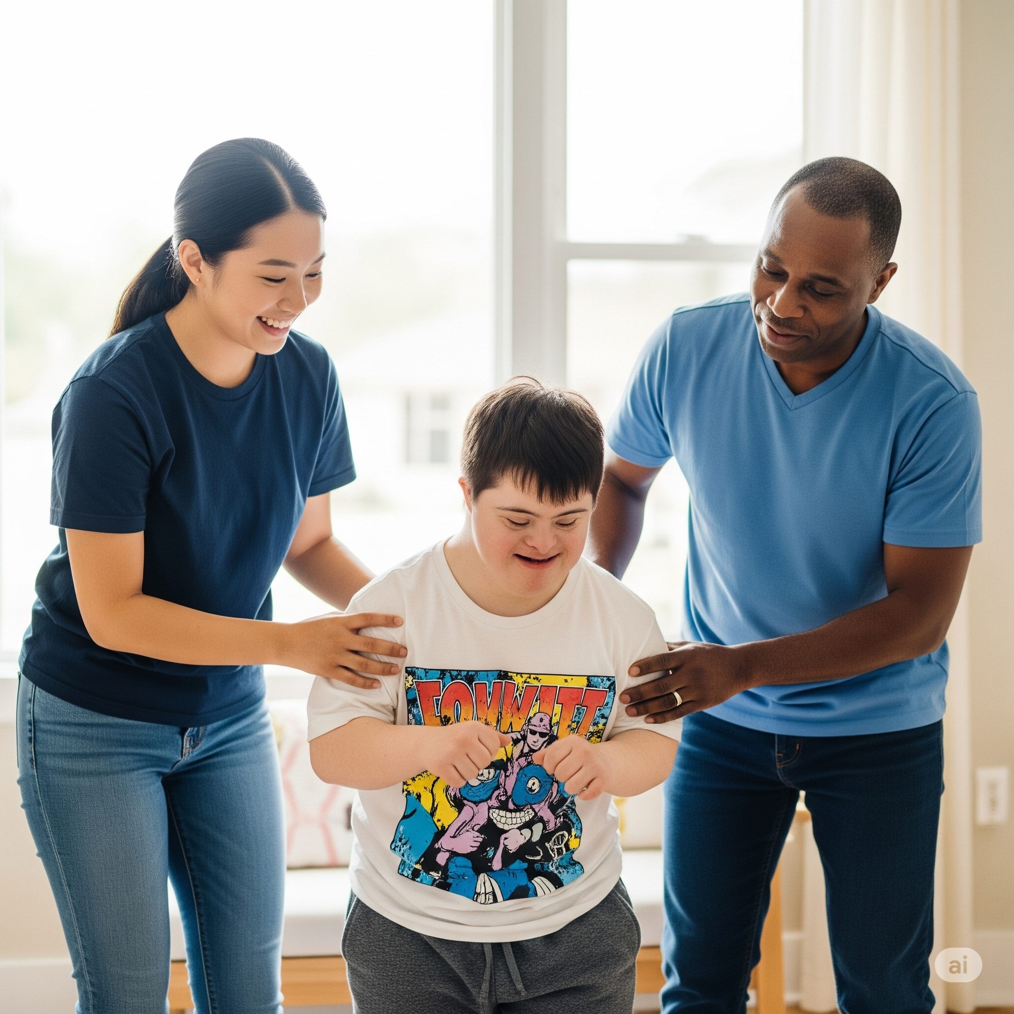A boy with a disability smiling and posing with his arms bent, flanked by a woman and a man, both smiling and supporting him inside a bright room with large windows.