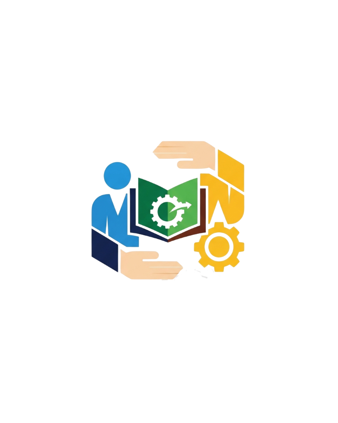 Digital illustration of a computer user with open book, gear, and wrench, representing settings or tools.