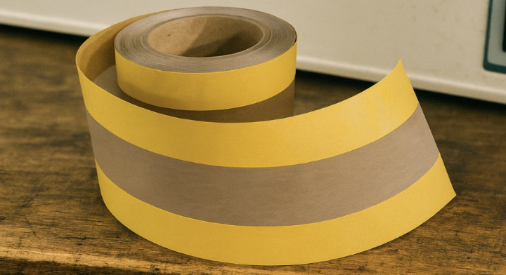 A roll of yellow and gray striped caution tape on a wooden surface.