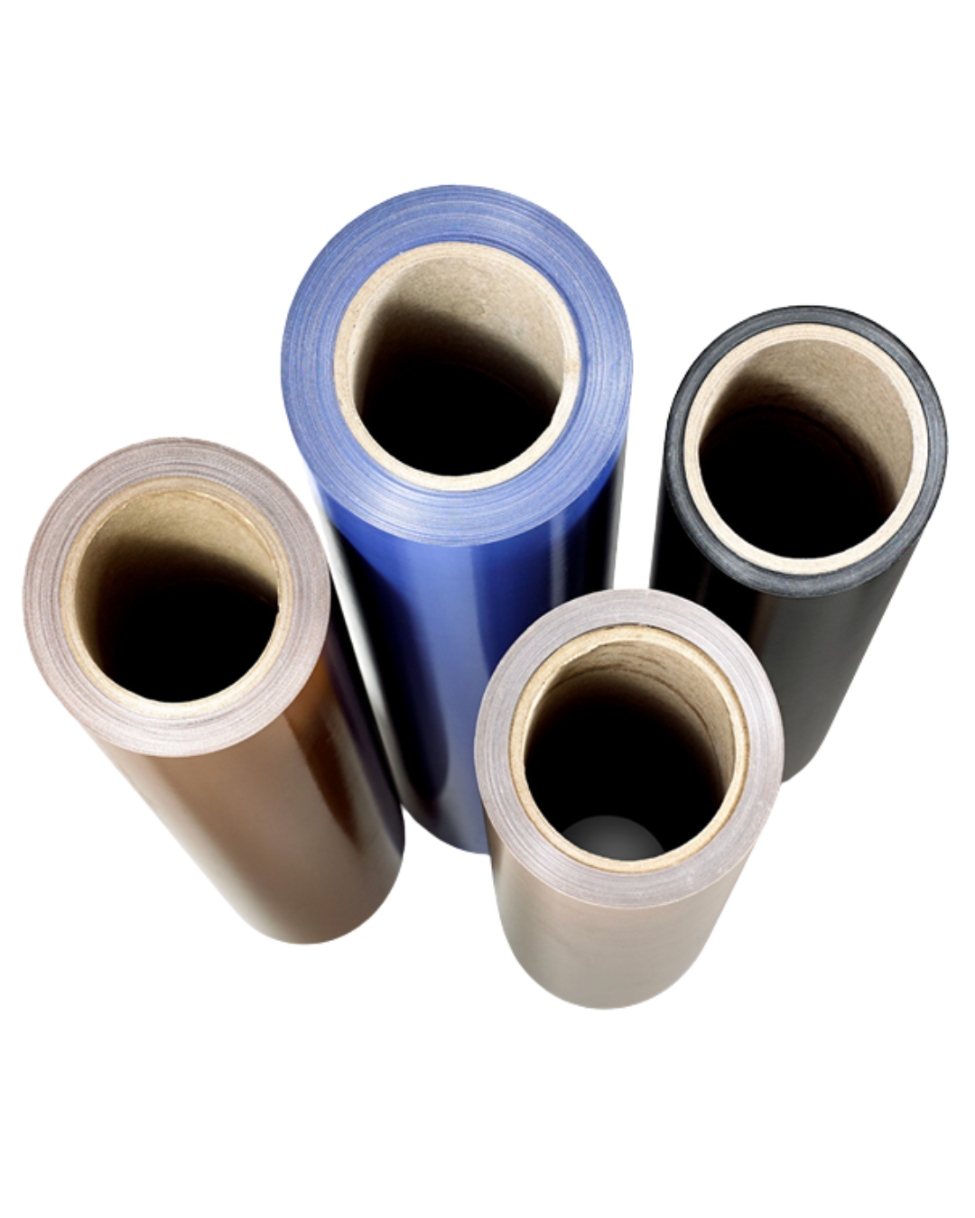 Five rolls of silicone coated fabric viewed from above, arranged in a circle on a white background.