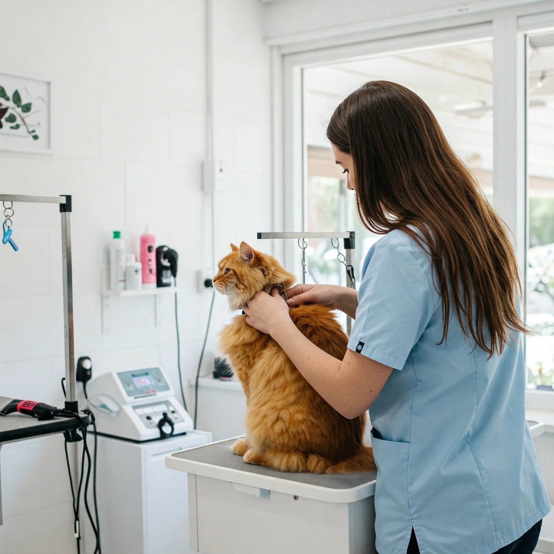 Professional cat groomer caring for a cat