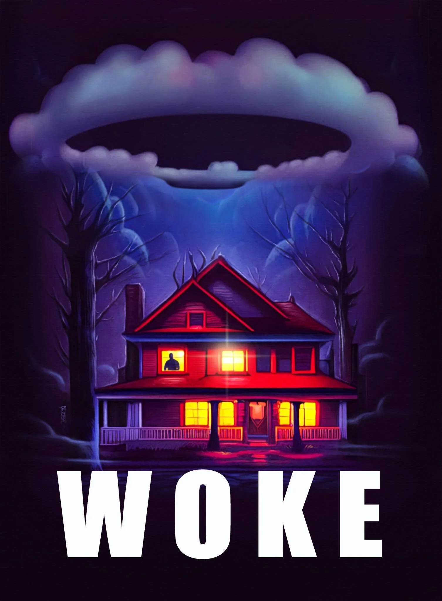 A spooky, brightly lit house with glowing yellow windows surrounded by leafless trees at night, with a large cloud shaped like a speech bubble or mouth above it, and the word "WOKE" in large white letters at the bottom.